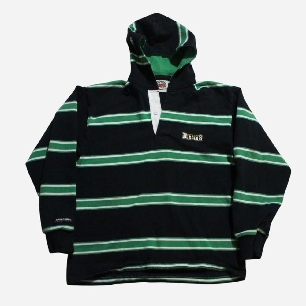 Mens Vintage Y2K Striped Preppy Skater Heavyweight Rugby Hoodie - Picture 2 of 7